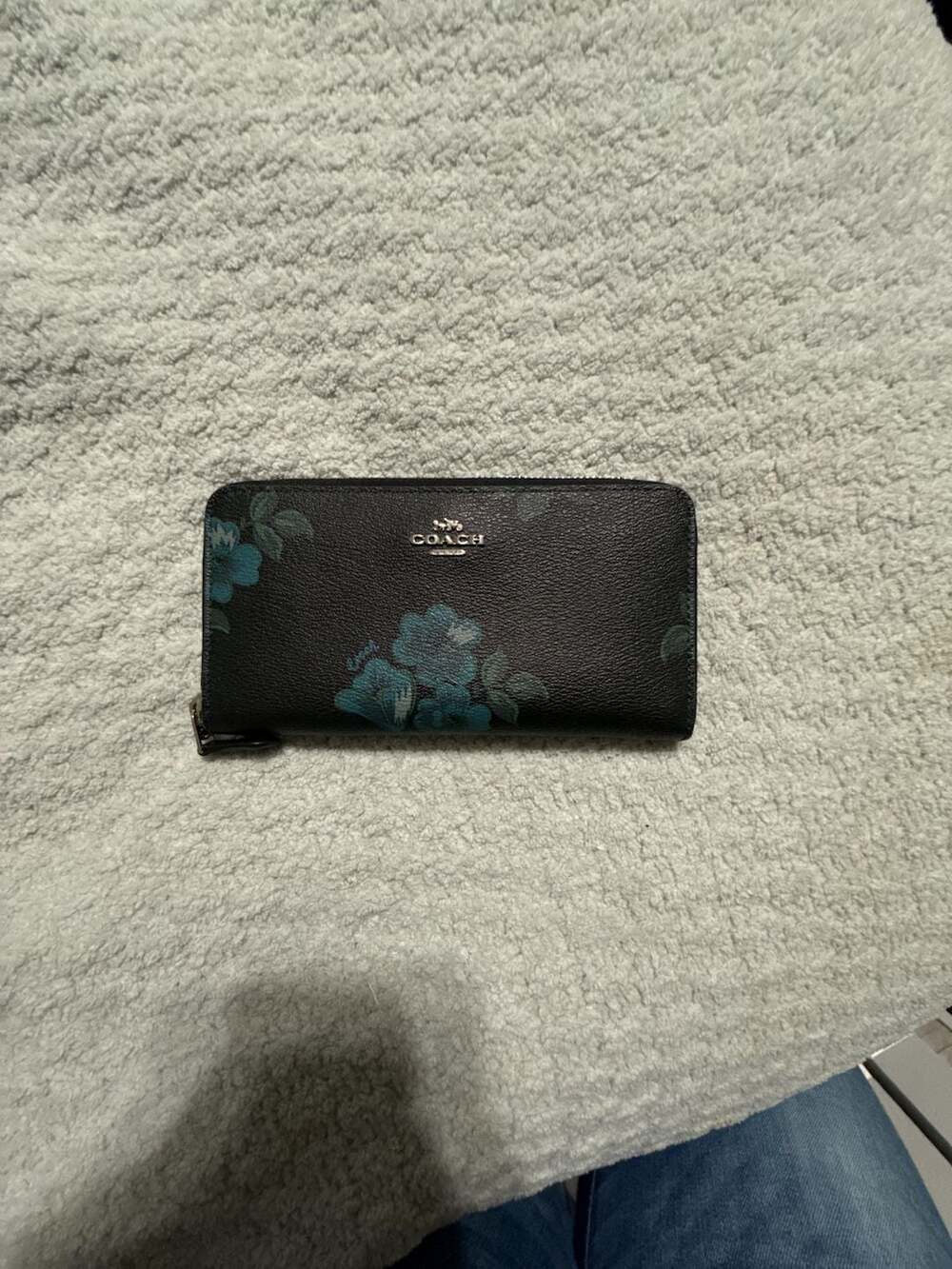 Coach Long Zip Around Accordion Wallet in Black with Blue Floral Print